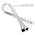 A white polyester lanyard, 20mm wide, featuring a safety break and thumb trigger, with a clip and branding.