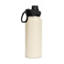 A drink bottle in a cream colour with a black screw cap lid and a handle, featuring a logo.
