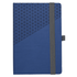 A blue notebook with a textured triangular pattern on one half and an elastic band closure. It features a logo.