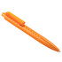 An orange geometric ballpoint pen with a patterned barrel and a clip. It features a branding logo.
