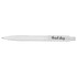 A white ballpoint pen with a textured grip and a branding logo, featuring floral shop design details.