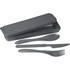 A bamboo fibre cutlery set in black, including a spoon, knife, fork, and carrying case.