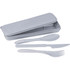 A grey bamboo fibre cutlery set including a spoon, fork, and knife in a matching storage case.