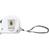 A white measuring tape with a black strap, featuring a metal clip and a small level indicator.