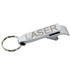 A drink bottle opener keyring in silver metal, featuring a simple design and a logo.