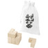 A set of wooden puzzle pieces in a white pouch, featuring various shapes and a logo. The pieces are light-coloured.