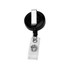 A black retractable badge holder with a silver clip and transparent badge reel attachment.