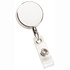 A silver metal zip pull badge holder with a clear attachment for securing badges.
