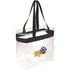 A clear tote bag with black handles and a logo featuring purple and yellow text. Suitable for stadium use.