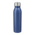 A drink bottle in matte navy blue with a stainless steel lid and a sleek, modern design. It features a logo on the body.