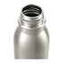 A drink bottle in brushed stainless steel featuring a wide opening and a sleek design. It has a logo on the surface.