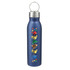 A drink bottle in a navy blue finish with a silver lid and a colourful logo design.