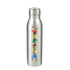 A drink bottle in silver stainless steel, featuring a colourful logo design.
