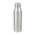 A drink bottle in silver stainless steel featuring a sleek design and a logo. Suitable for beverages.