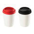 A drink bottle set featuring two ceramic mugs, one with a red silicone lid and one with a black silicone lid.