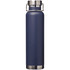 A drink bottle in navy blue with a stainless steel cap and base. It features a logo.