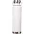 A drink bottle in white with a stainless steel lid and base, featuring a logo on the front.