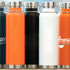 A drink bottle in orange, black, white, and navy with stainless steel accents and a logo.