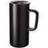 A drink bottle featuring a sleek black design with a cork accented handle and a secure lid. It has a logo.