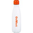 A drink bottle featuring a white body with an orange cap and an orange logo. It has a vacuum insulated design.