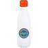A drink bottle in white with an orange lid and a circular logo. It features a sleek, vacuum-insulated design.