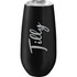A drink bottle in matte black with a clear lid, featuring a decorative logo.