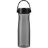 A drink bottle in a sleek black design with a transparent body and a handle, featuring a logo.