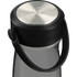A drink bottle with a transparent body and a black lid featuring a metal top and a carrying handle.