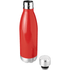A drink bottle in bright red stainless steel with a silver base and a screw top. It has a logo on the side.