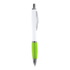 A pen with a white barrel and green grip, featuring a silver clip and trim, includes a logo.