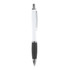 A ballpoint pen with a white barrel, black grip, and a silver clip. It features a branding logo on the barrel.