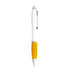 A plastic ballpoint pen featuring a white barrel and a yellow grip, with a silver clip and trim.