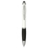A white and black antibacterial pen with a stylus tip and a sleek silver clip. Features a logo.