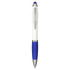 A stylus pen in white and blue, featuring an antibacterial design and a branding logo.