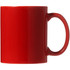 A red ceramic coffee mug with a smooth finish and a sturdy handle. The mug is packaged in a folded box.