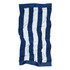 A beach towel featuring alternating navy blue and white stripes, with a branded logo on the corner.