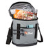 A grey 20L backpack cooler filled with food containers, a drink bottle, utensils, and a phone. It has a logo.