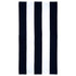 A striped cotton beach towel in black and white with a logo at one end.