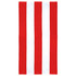 A cotton beach towel featuring bold red and white vertical stripes. It has a logo embossed on one side.
