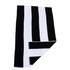 A striped cotton beach towel featuring alternating black and white sections, with a soft texture.