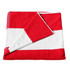 A red and white striped cotton beach towel, neatly folded with one corner slightly turned down. It has a logo.