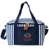 A striped cotton canvas cooler bag in navy and white with dual handles and a removable strap, featuring a logo.