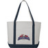 A large, premium heavy weight cotton boat tote in white with navy handles and a logo on the front.