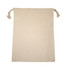 A natural-coloured cotton drawstring bag with tassel closures and a plain surface. It features a logo.