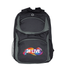 A black and grey backpack featuring multiple zippered compartments and a mesh side pocket. It has a logo on the front.