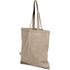 A beige recycled cotton twill tote bag with long handles and a branding label on the side.