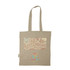 A beige recycled cotton twill tote bag with a colourful patterned panel and a logo at the bottom.