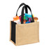A jute tote bag with a black top and natural base, filled with various toiletries and a makeup brush, featuring a logo.