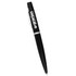 A black metal twist action pen with a silver accent and a logo on the body.