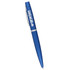 A blue metal twist action pen with a branding logo and a sleek design.